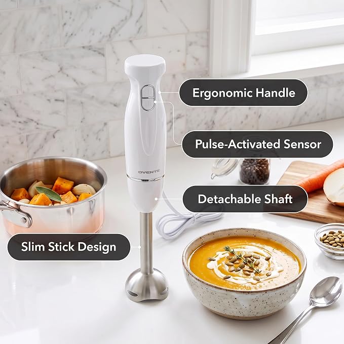 OVENTE Electric Corded Hand Blender, 300W with 2 Mixing Speeds White HS560W | Handheld Immersion Stick Mixer with Stainless Steel Blades for Smoothies, Purees & Baby Food