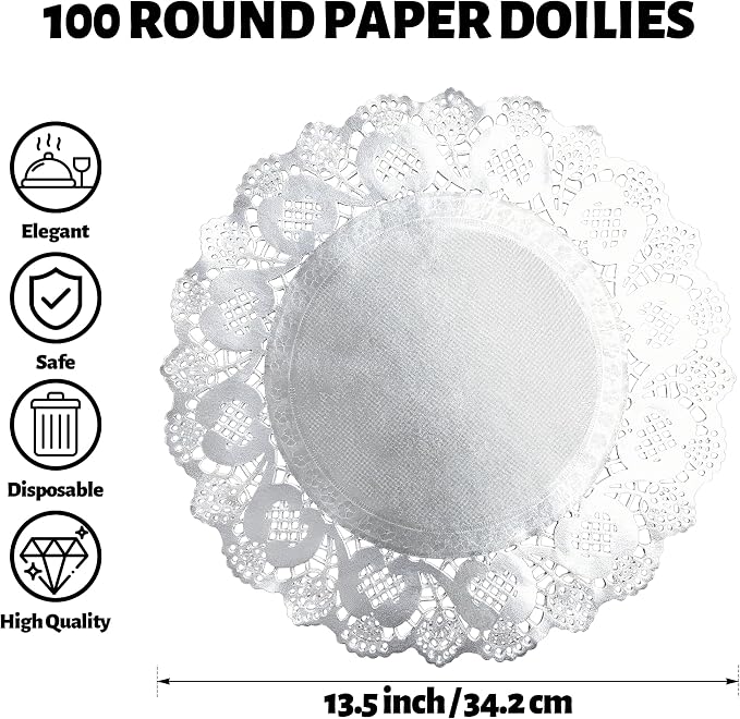 MCEAST 100 Pack Round Silver Paper Doilies 13.5 Inches Lace Paper Place Mats Rustic Scallop Doily Disposable Table Pads for Food Cakes Crafts Party Weddings Tableware Decor