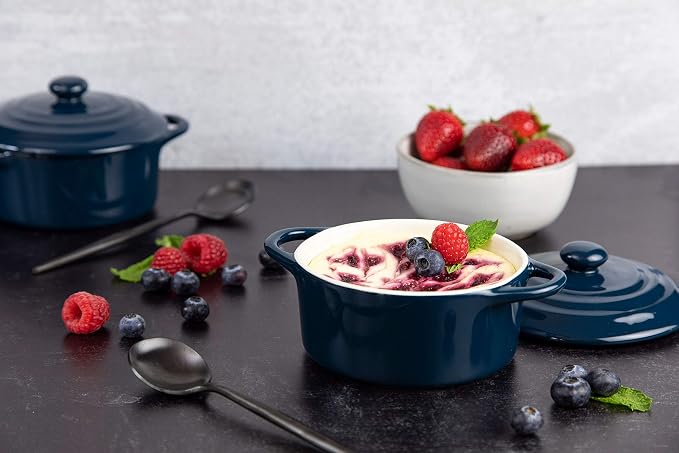Kook Ceramic Mini Cocotte Set, Small Casserole Dishes with Lids and Handles, Individual Baking Ramekins, Oven safe 350F, Microwave & Dishwasher Safe, Stoneware, 12 oz, Set of 4, (Navy)
