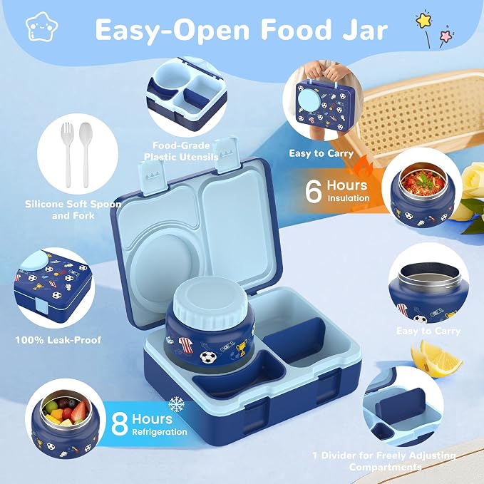 Bento Lunch Box for Kids Adult, Leakproof 3-4 Compartment Bento Box Set with Insulated Food Jar,Water Bottle, Lunch Bag, School Lunch Container for Toddler Teen Girls Boys Ages 3+(Football)