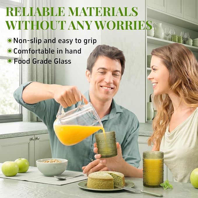 Hobnail Drinking Glasses Set of 12 Kitchen Glass Cups Glassware, Green | 12 oz Highball Glasses & 10 oz Cocktail Glasses, Clear Embossed Glassware Set for Beer, Juice, Cocktail, Whiskey, Milk