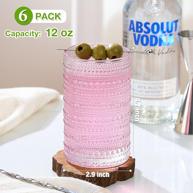 Colored Hobnail Drinking Glasses Set of 6, 12oz Vintage Kitchen Glassware, Embossed Beaded Glass Cups, Water Glasses, Colorful Water Tumbler for Cocktail, Juice, Various Mixed Drink (Dishwasher Safe)