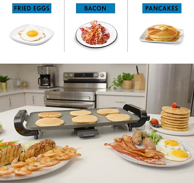 Kenmore Electric Griddle NonStick 1500W Adjustable Temperature 10"x18" Easy to Clean Large Cooking Surface Ideal for Pancakes Grilled Cheese Breakfast and Family Meals