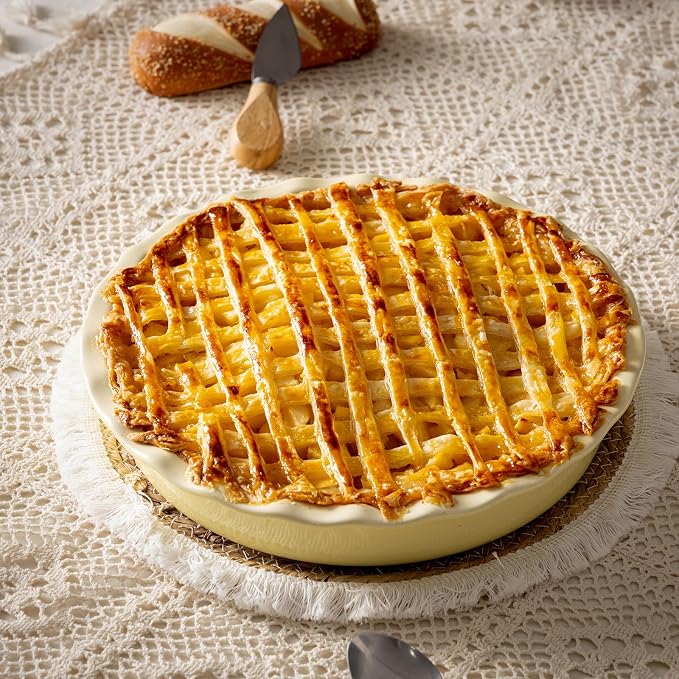 Ceramic Pie Pan for Baking 10 inch, Pie dish for Quiche, Apple Pie, Pot Pies, Deep dish pie plate with ruffled edges, Non-stick Cake Pan, Microwave,Dishwasher,and Oven Safe, Butter Yellow