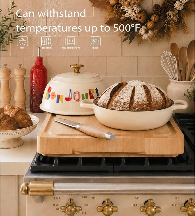 CAROTE Cast Iron Dutch Oven Pot with Lid, 5QT Round Bread Oven, Bonjour | Homemade Sourdough Bread Baking, Healthy & Non-Toxic, Dual Handles, All Stovetop Compatible, Oven Safe up to 500° F