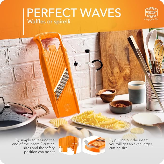 Börner Wave-Waffle PowerLine Crinkle Cut Vegetable Slicer (Orange) • Slicer for Wave & Waffle Cut • Wavy Vegetable Cutter • Slicer for Lattice Potatoes & Chips • Wavy Potato Slicer