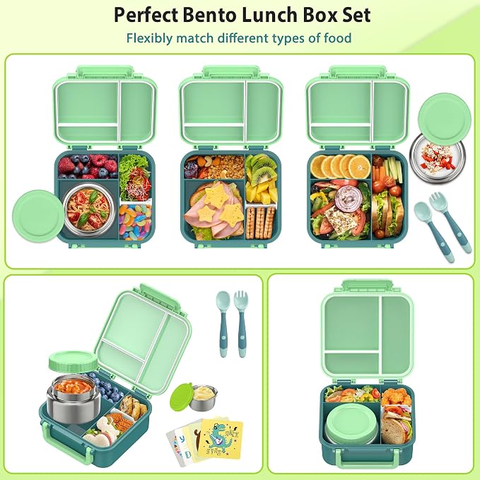 Kids Bento Lunch Box with 9oz Soup Thermo Leakproof Lunch Food Containers 4 Compartment with Insulated Hot Food Jar for Kid Toddler Girls Boys to School, Trvael