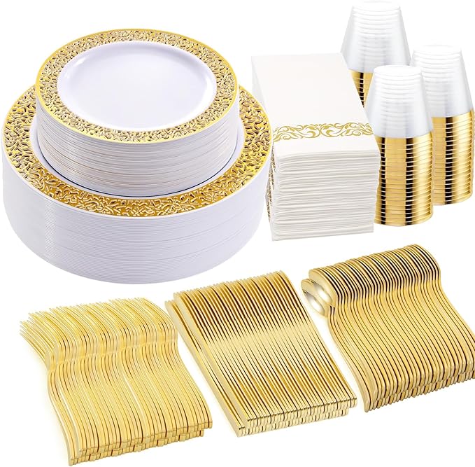 WELLIFE 210Pcs Gold Plastic Dinnerware - Disposable Silverware and Cups, Include:30 Dinner Plates, 30 Dessert Plates, 30 Paper Napkins, 30 Cups, 30 Gold Plastic Cutlery Set for Party and Wedding