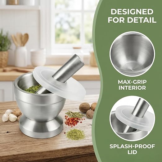 Stainless Steel Mortar Pestle, Anti-Slip Spice Grinder | Spices Tablets Large Capacity Bowl, Multi-Purpose：Spices, Herbs, Tablets, Easy to Clean