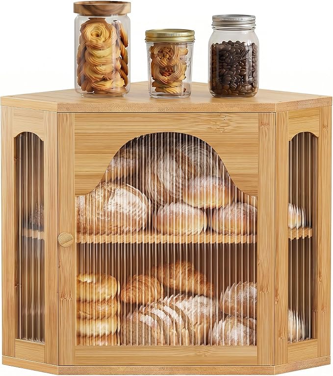 2-Tier Corner Bread Box for Kitchen Countertop with Acrylic Wavy Door Panel | Bread Storage for Homemade Bread, Large Bamboo Vintage Farmhouse Bread Bin, Cabinet Cupboard Pantry, Natural, Meduim