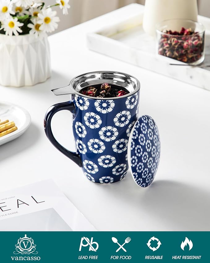 vancasso SELENE Porcelain Tea Mug, 18 oz Porcelain Tea Cup with Infuser and Lid Steeps Loose Leaf Tea, Microwave & Dishwasher Safe, Daisy Cluster