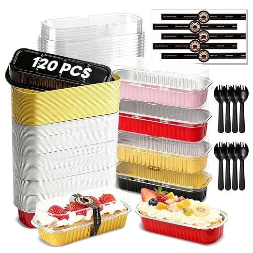 YQER 120 Pack Mix Color Mini Cake Pans with Lids and Spoons, 6.8 oz Disposable Aluminum Foil Mini Loaf Pans Cake Tins Bulk Set with Stickers for Baking, Bake Sales, Parties and Dessert Prep