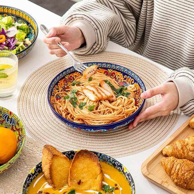 vancasso Pasta Bowls Set of 4, 42oz Ceramic Salad Serving Bowls, Bohemian | 8.7in Colorful Bohemian Bowl Plates for Soup, Shallow Bowls for Kitchen, Microwave & Dishwasher Safe, Stackable, Large