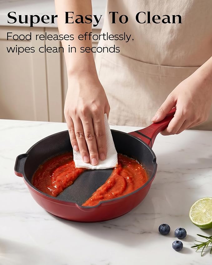 FDN 8" Ceramic Non Stick Frying Pans With Lid, Titanium Pans for Cooking, Non-Toxic PFAS-Free, Induction & Oven-Safe Cookware, Red For Daily Cooking