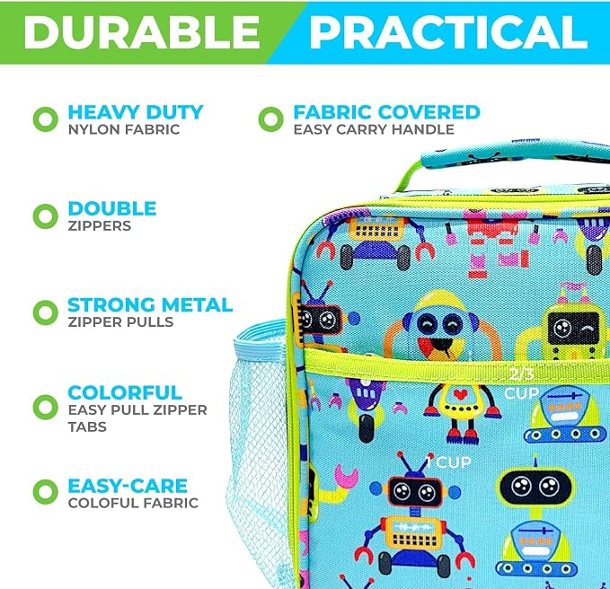kinsho Bento Lunch Box and Insulated Bag, Water Bottle & Ice Pack Set for Kids Toddlers, 4 Portion Sections, Removable Tray, Pre - School Kid Toddler Daycare, Snack Container, Robot