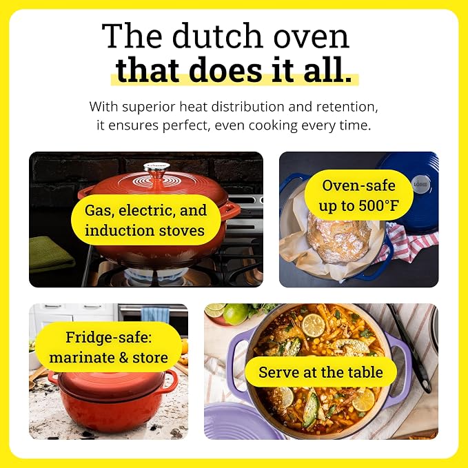 Lodge Essential Enamel Cast Iron Dutch Oven with Lid 7.5 Quart - Oven-Safe Enamel Cookware up to 500° F - Heat-Retaining Braising & Roasting Pot - Non-Toxic Cookware - Storm Blue