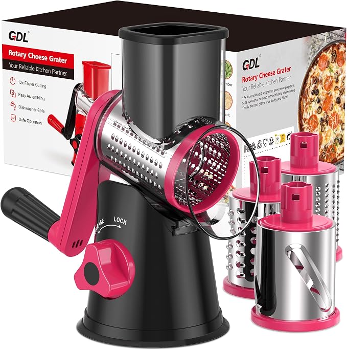GDL Cheese Grater Hand Crank, Rotary Cheese shredder, Vegetable Slicer | 3 Stainless Steel Blades, 12x Fast Cutting, Non-slip Suction Base, No BPA, Dishwasher Safe, Easy Use for Cheese, Veggies, Nut