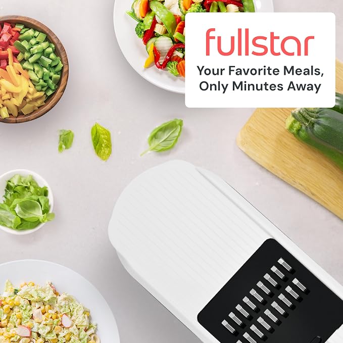 Fullstar Pro Core Vegetable Chopper & Mandoline Slicer, Meal Prep Essential | 6 in 1 Veggie Slicer, Onion & Fruit Slicer with Julienne, Grater & Dicer Stainless Steel Blades + Container (Full White)