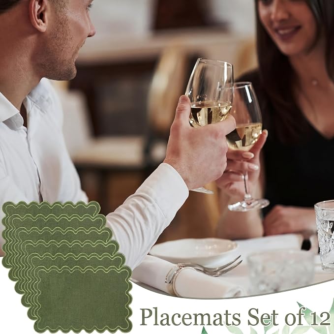 Linen Placemats Set of 12 Scalloped Placemat 13 X19 Wavy Embroidery Double Layered Washable Farmhouse Dinner Fabric Table Mat Napkin for Wedding Party Restaurant (Regular,Moss Green)