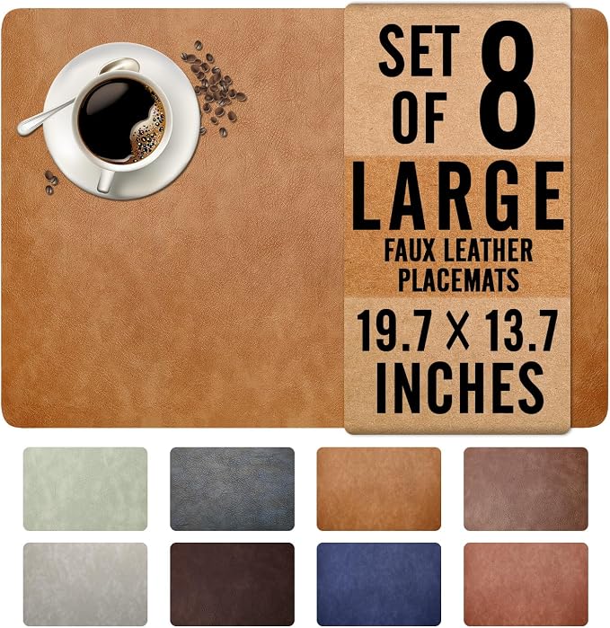 UnivoColors Washed Cowhide Pattern Faux Leather Big Size Placemats Set of 8, Waterproof Easy to Clean Anti-Slip PU Table Mats for Party Decoration19.7″×13.6″,Camel Retro Cowhide Pattern