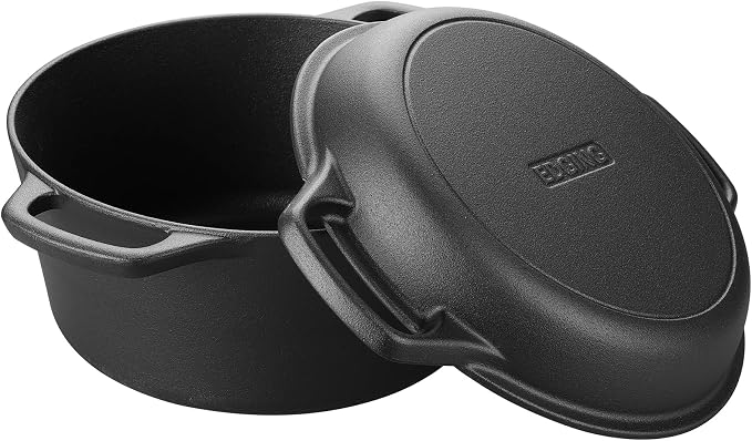 EDGING CASTING Pre-Seasoned Cast Iron Dutch Oven Pot with Skillet Lid Cooking Pan, 2-in-1 Sourdough Bread Baking Pan with Proofing Basket and Baking Supplies, 5QT