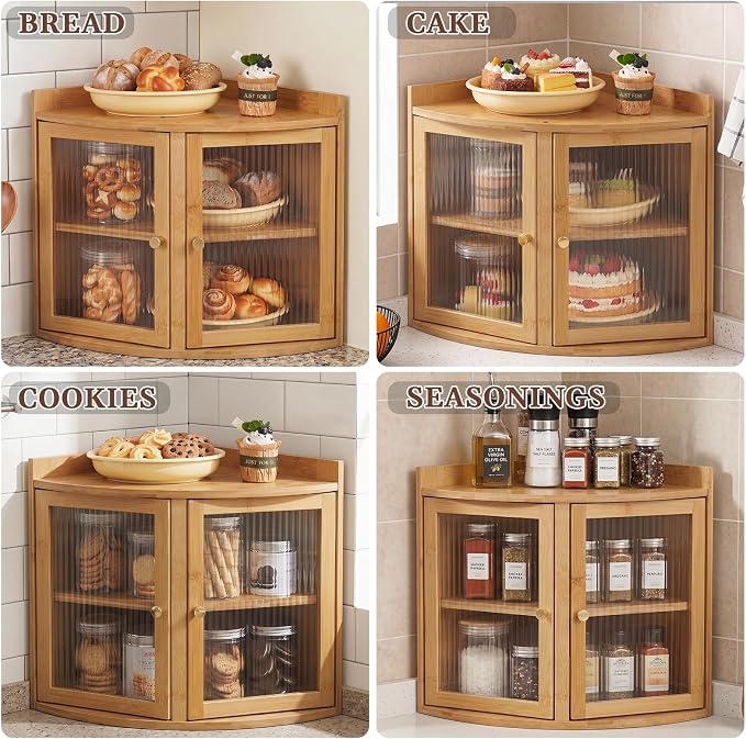 Baveke Bread Box for Kitchen Countertop, Corner Bread Box & Bamboo Breadbox, Large Bread Storage with Double Layer, Vintage Storage for Homemade Bread, Natural
