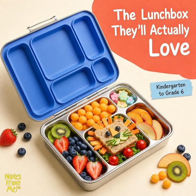 Stainless Steel Bento Lunch Box for Kids – 5 Leakproof Compartments, Food-Grade 304 Steel, Plastic-Free BPA-Free Kids Bento Box for School, Daycare & Travel - Blue