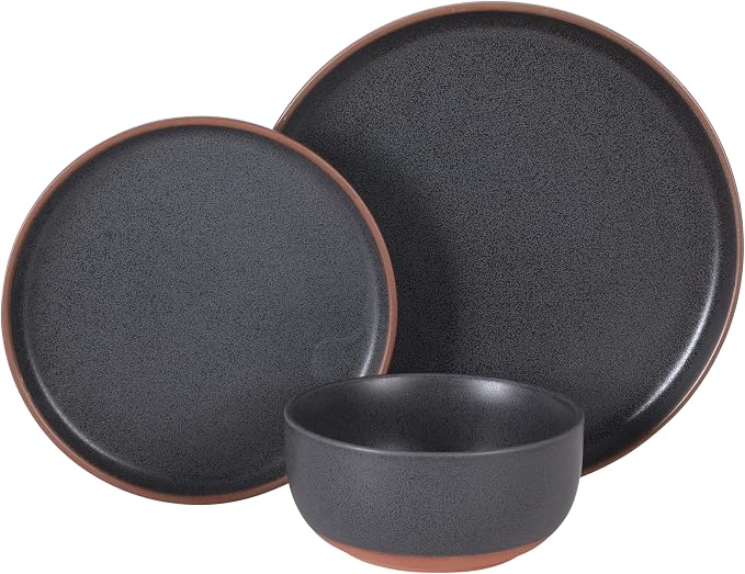 Gibson Elite Abbey Circle 12 Piece (Service for 4) Plates and Bowls Reactive Matte Glaze Dishes Stoneware Ceramic Dinnerware Set - Navy Blue