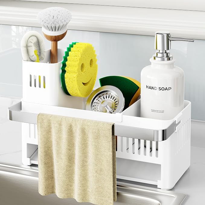 Nieifi Sponge Holder, White Rustproof ABS Sink Caddy with Towel Rack | Smiley Sponge and Brush Holders with Drainage to Keep Items Dry. 10"L x 4.5"D. Kitchen Counter Organizer & Essential Storage.