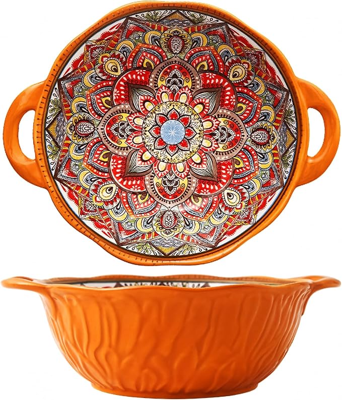 2 Pack Boho Ceramic Serving Bowls with Handles, 40 Oz Porcelain Salad Bowls, Large Serving Dishes for Entertaining, Mixing Bowls for Soup, Stew, Pasta, Cereal, Colorful Embossed Cute Bowls Set MLKS