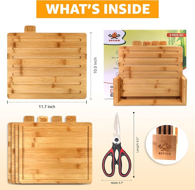 4-Piece Bamboo Cutting Board Set And Premium Scissors, Perfect Wooden Charcuterie and Chopping Boards, Ideal Juice Groove, BPA-Free, kitchen stuff, and kitchen must haves 2026.