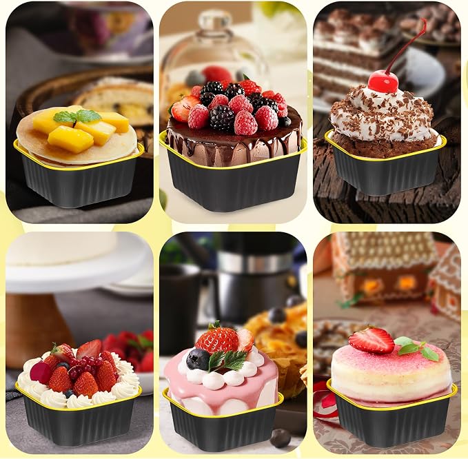 60Pack 5oz Black&Gold Mini Cake Pans with Lids, Spoons and Stickers Baking Cups Aluminum Foil Pans Tins, Individual Dessert Cups Containers for Sales,Party,Picnics