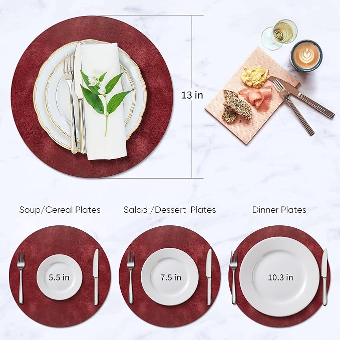 ADRIMER Placemats, Heat Resistant Round Placemats Set of 6 Washable, Waterproof Table Mats, Wipeable Faux Leather Place Mats for Kitchen, Dining Room, Wine Red