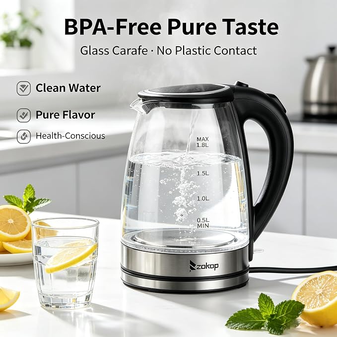 Electric Kettle 1.8l, BPA-Free Borosilicate Glass Stainless Steel Blue LED, 360° Base, Auto Shut-Off and Boil-Dry, Glass Carafe No Plastic Contact With Water, Wide Mouth for Easy Cleaning