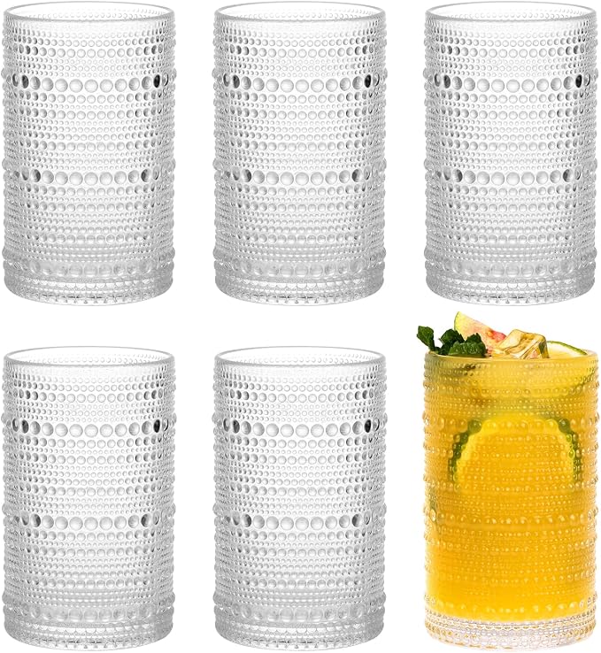 Moretoes Vintage Glassware, 12 Oz Hobnail Drinking Glasses Set of 6 | Clear Embossed Boho Water Glass Cups Kitchen Bar Tumbler for Whiskey, Beer, Juice, Milk and Various Mixed Drinks