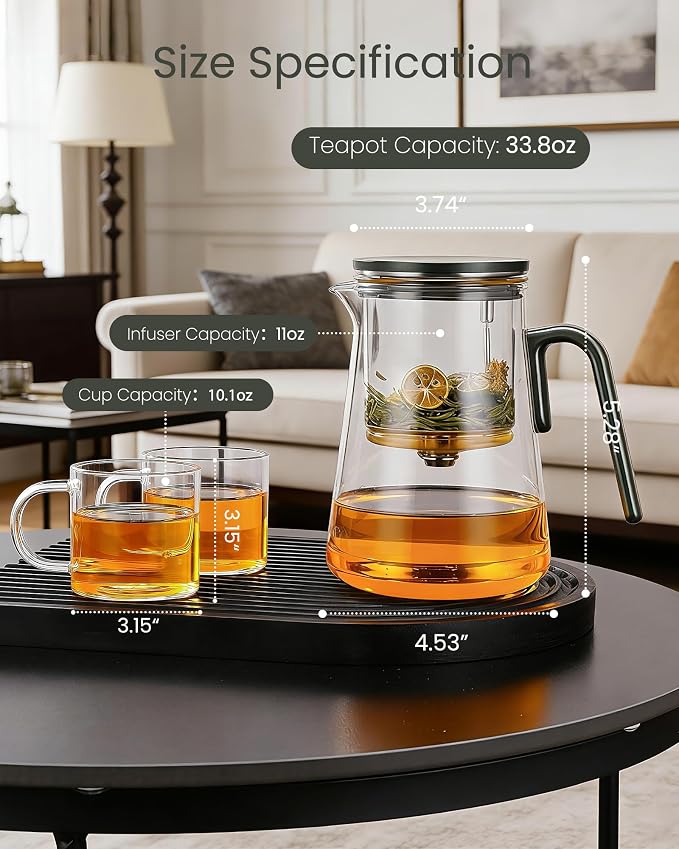 ZENS Magnetic Glass Infuser Teapot with 2 Cups for Loose Tea Steeper, 34oz | Magic Glass Teapot with Infusers for Loose Tea Steeper, Echanted Tea Pot for Herbal Tea Lovers, Dark Green