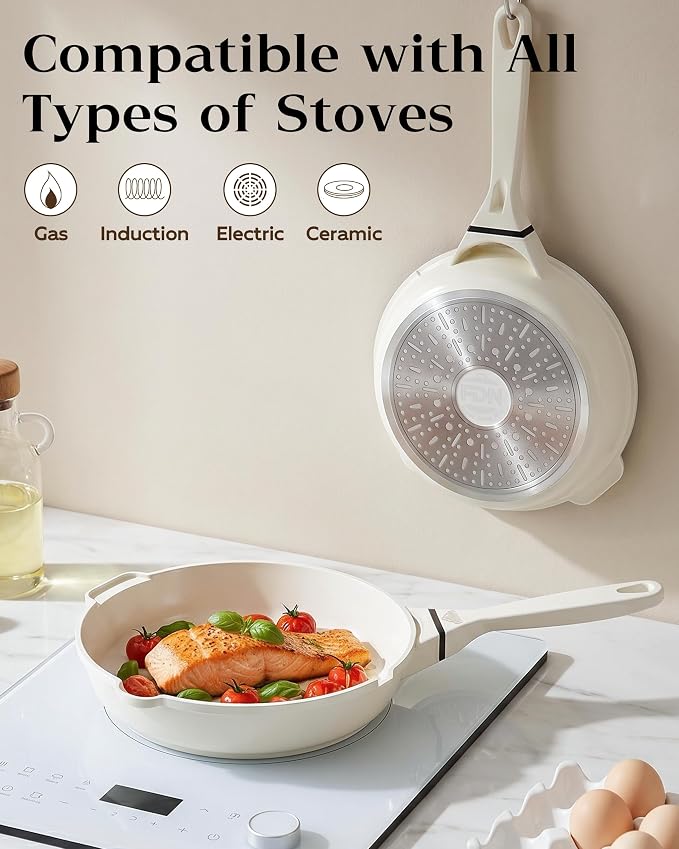 FDN 8" Ceramic Non Stick Frying Pans With Lid, Titanium Pans for Cooking, Non-Toxic PFAS-Free, Induction & Oven-Safe Cookware, Cream White For Daily Cooking