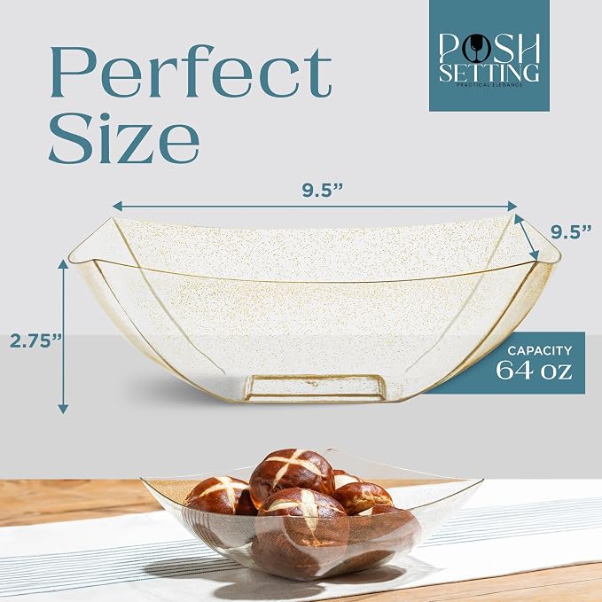 4 Pack Disposable Gold Plastic Serving Bowls Square Party Candy Use 64oz | Square Design. Disposable Party Tableware. Salad, Fruit & Candy Use. Candy Buffet Containers. Gold Plastic.