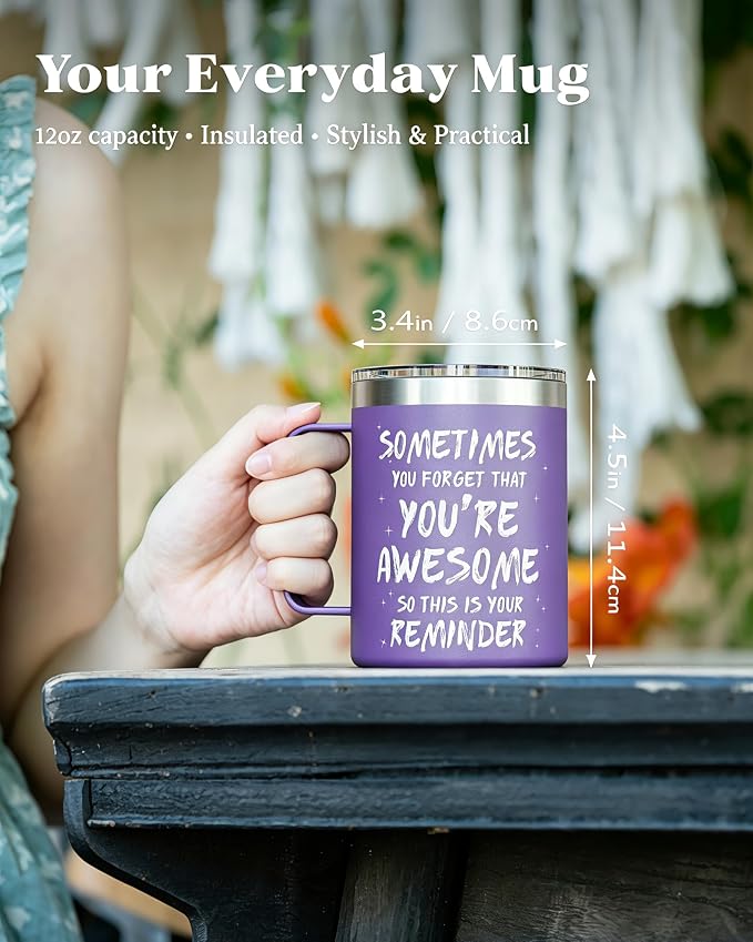 Inspirational Coffee Mug for Women, 12oz Insulated Stainless Steel Mug with Handle & 2 Lids – Sometimes You Forget You’re Awesome, Birthday & Appreciation Gift for Friend, Coworker, Purple