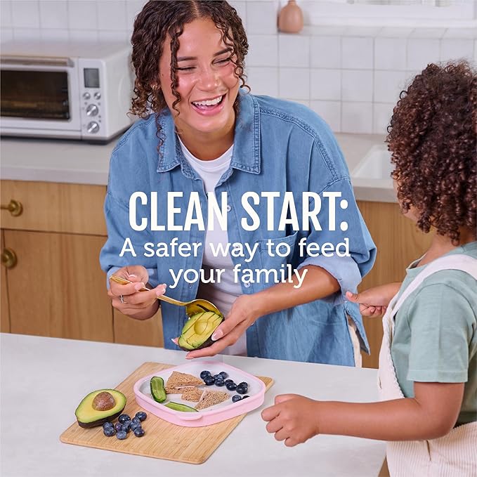 Ello Clean Start Ceramic Toddler Plates with Sleeves, 2 Pack, Dewdrop/Grayed Jade