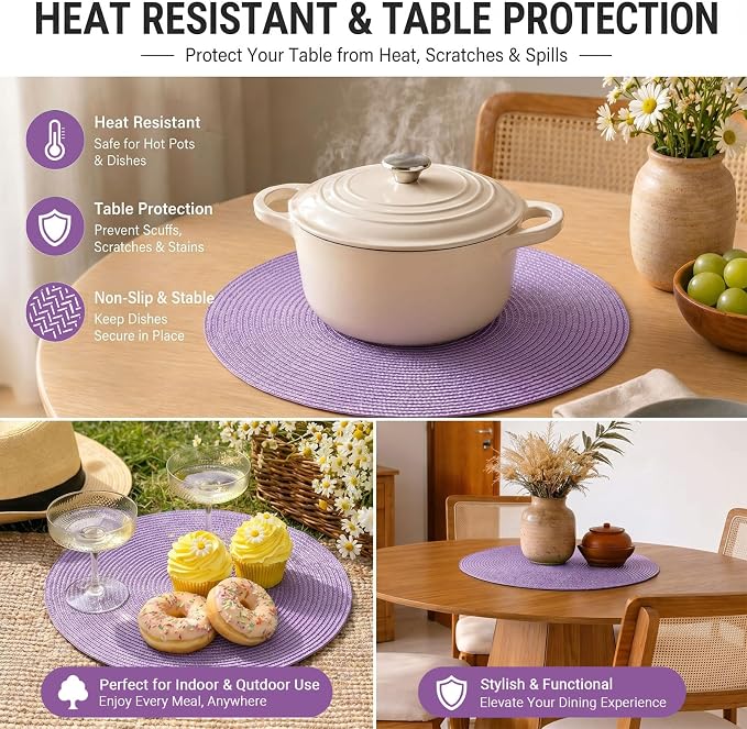 FunWheat Round Braided Placemats Set of 6 Table Mats for Dining Tables Woven Washable Non-Slip Place mats 15 inch(Lilac Purple, 6pcs)