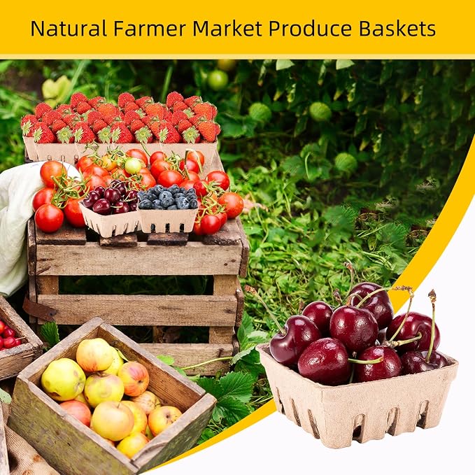 PARBEE 60 Pack Pulp Fiber Berry Basket, 1/2 Pint Vented Containers for Strawberry Blueberry Raspberry Grape Cherry, Small Farmer Market Produce Basket Containers