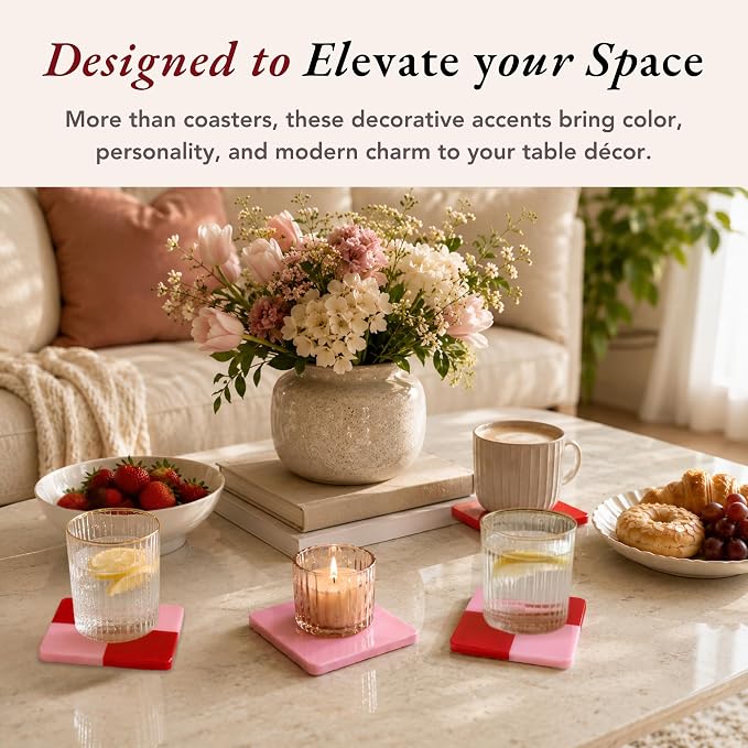 Folkulture Pink & Red Decorative Coasters Set of 4, Non Slip, 4 Inch | Coffee Table, Farmhouse Decor, Modern Home Decor, Easy to Clean, Housewarming Gift