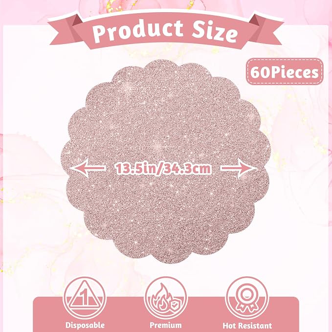 60Pcs Rose Gold Glitter Paper Placemats, Disposable Scalloped Placemat | 13.5 Inch Round Sparkle Table Place Mats Decorative Paper for Baby Shower Tea Garden Party Wedding Birthday Banquet
