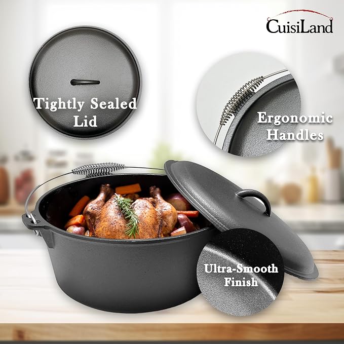 Cuisiland 9 Quart Cast Iron Dutch Oven with Dome Lid, Bail Handle | Pre-Seasoned Large Capacity