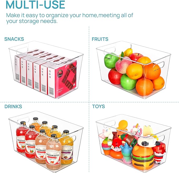 Vtopmart 6 Pack Clear Storage Bins, Pantry Storage Bins with Handle, XL | Plastic Pantry Organizer Containers for Kitchen, Refrigerator, Fridge, Cabinet, Countertops, Home Organization and Storage