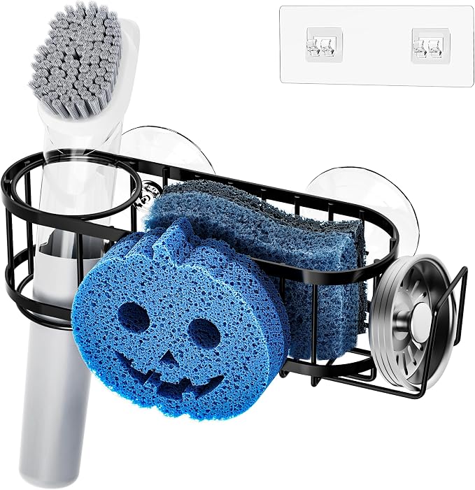 Cisily Sponge Holder Smiley Face, Sink Caddy for kitchen Sink, Kitchen Organizer Sponge Holder with 2 PCS Suction Cups and Adhesive Strips, Designed for Sponge, Soap, Dish brush, Scrubber-Black