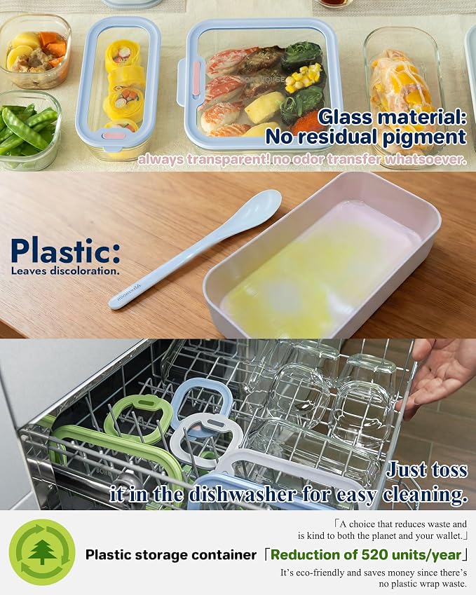 4-Pack Glass Food Storage Containers with Tempered Lids – Borosilicate, Airtight, Oven-Safe (-4°F~950°F), BPA-Free, 1Cup*2 & 2.3Cup*1 & 5.7Cup*1(Light blue)