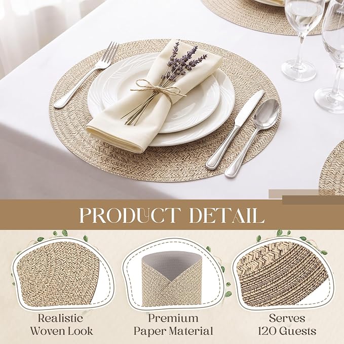 Geosar Disposable Paper Placemat Cotton Woven Look 13'',100 Pcs,Brown
