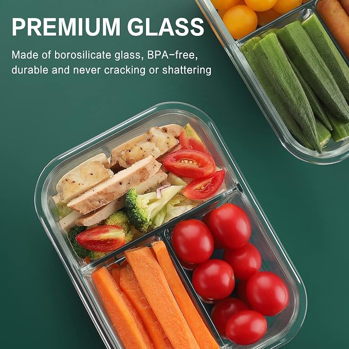 HOMBERKING 8 Pack Glass Meal Prep Containers 3 Compartment, 36oz Glass Food Storage Containers with Lids, Airtight Lunch Bento Boxes, BPA-Free & Leak Proof (8 lids & 8 Container) - Black